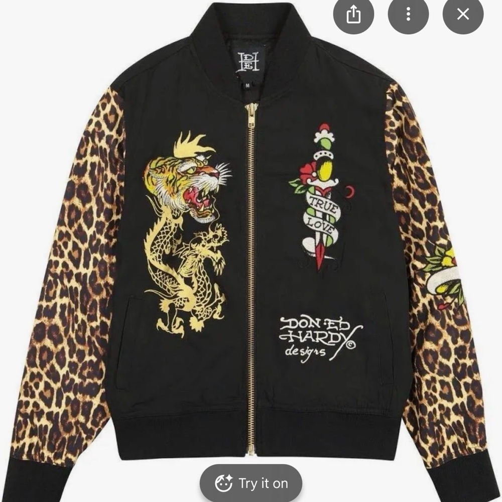 Ed Hardy Bomber Jacket with Leopard Print Sleeves. True Love NWT